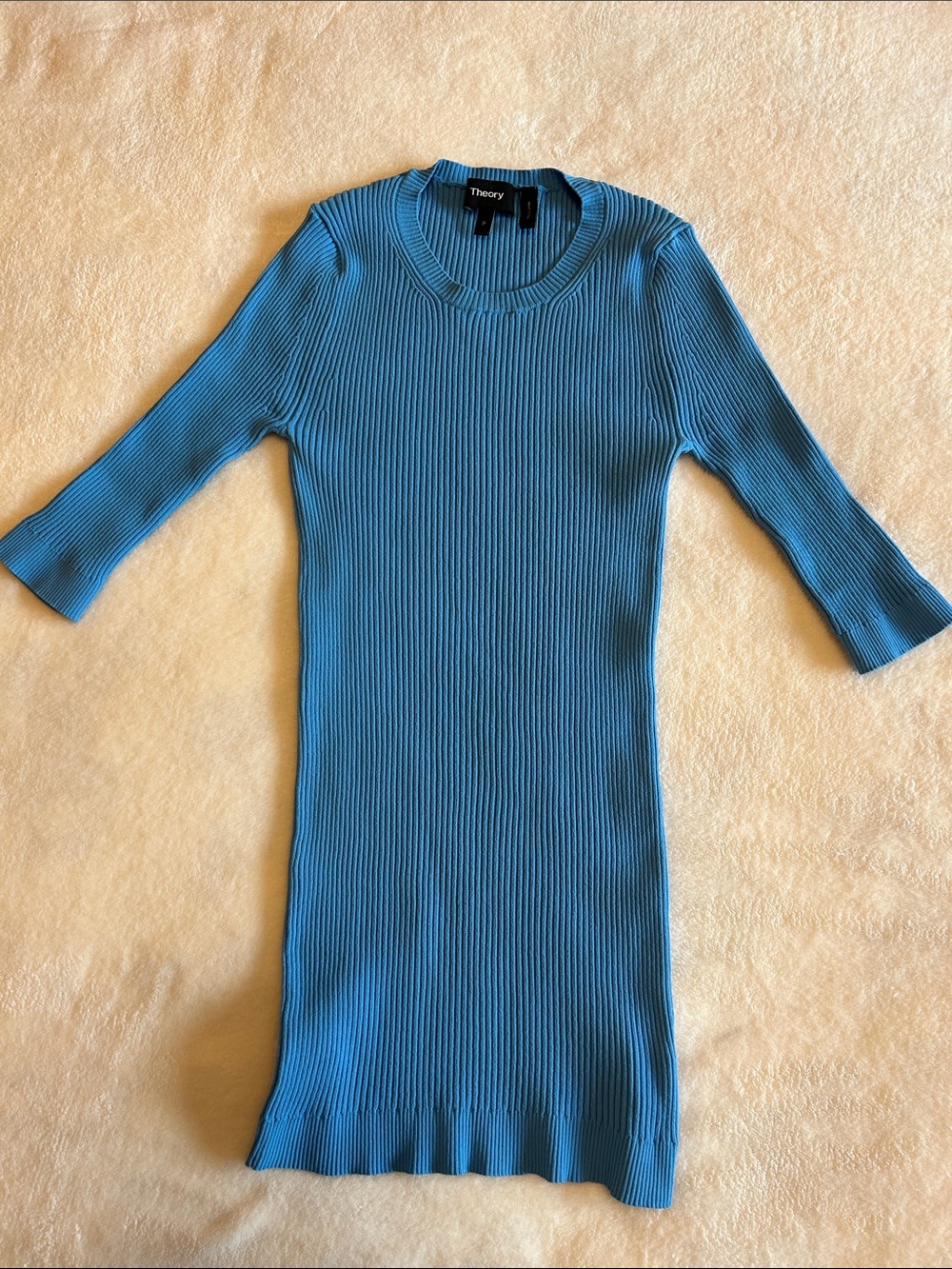 Theory HATU Tech Rib Half Sleeve Crew Neck Knit Top Harbor Blue, Size P